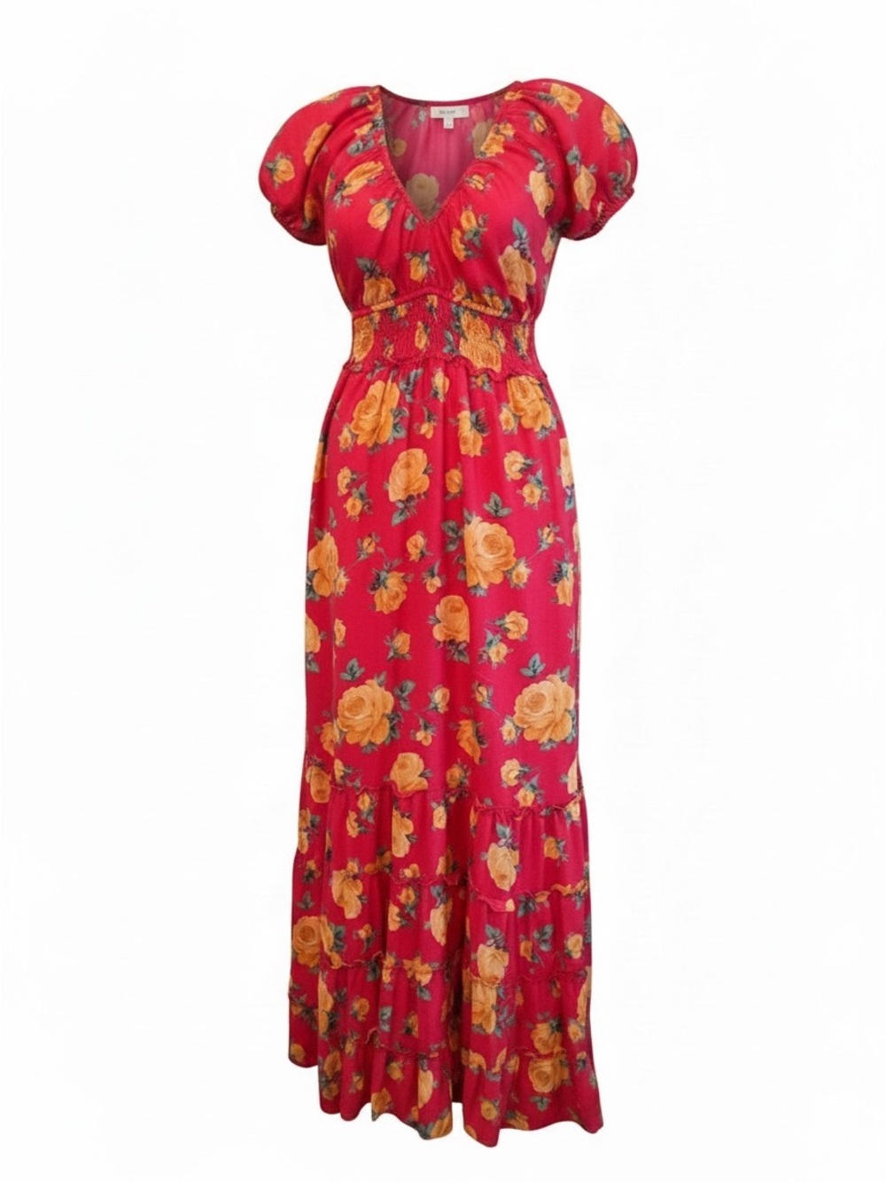 Vintage Betsey Johnson Rose Floral Cotton Smocked Tiered Maxi Dress Size L